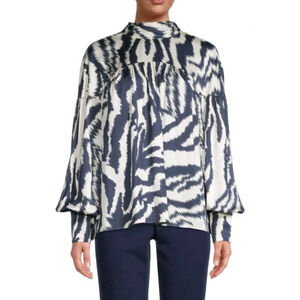 TED BAKER NUURAS BLOUSE HIGH NECK ZEBRA STRIPE IVORY & NAVY BLUE SIZE 1